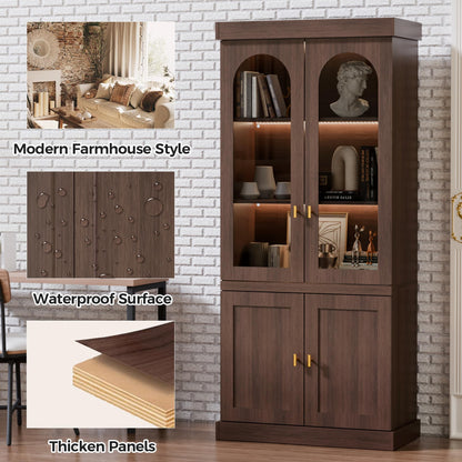 Trygoal 71'' Tall Display Cabinet with Glass Door, Mid Century Modern China Cabinet with LED Stripe, Kitchen Buffet Pantry Cupboard, Trophy Display Case for Living Room Dining Room Bedroom, Walnut