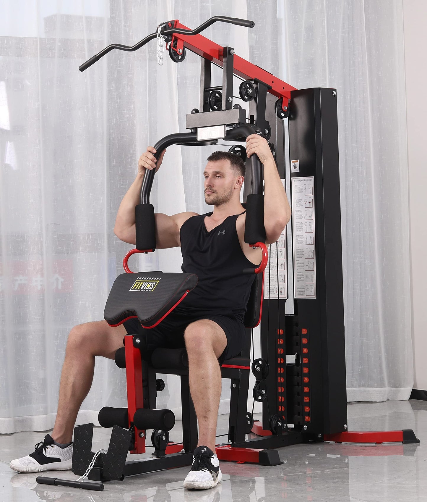 Fitvids Multifunctional Home Gym System Workout Station with Leg Extension and Preacher Curl, 122.5LB Weight Stack, M750, Multiple Pacakges