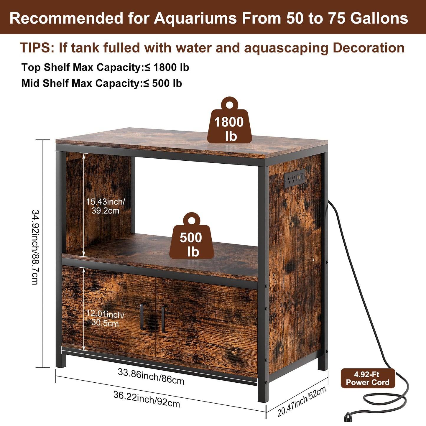 TQVAI 50-75 Gallon Fish Tank Stand with Power Outlets, Heavy Duty Aquarium Stand with Cabinet Storage Fish Tank Accessories, Large Reptile Terrarium Tank Stand, Black/Vintage