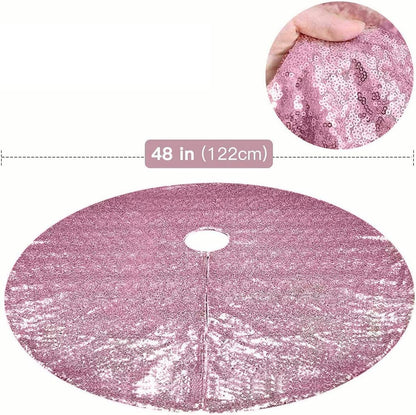 Pink Christmas Tree Skirt, 48 inch Large Sequin Xmas Tree Mat, Double Layers Glitter Decorations for 7.5 Ft Tree