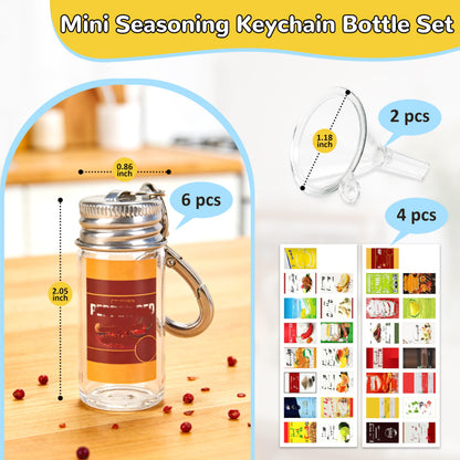 FANTOVO Mini Seasoning Keychain Bottle Set, 6 Pcs Empty Spice Jar with Mini Funnels & DIY Stickers of 30 Styles, On-the-Go Airtight Keychain Holders for Travel, Outdoors, Lunchboxes, Camping, 6+2+4 Total.