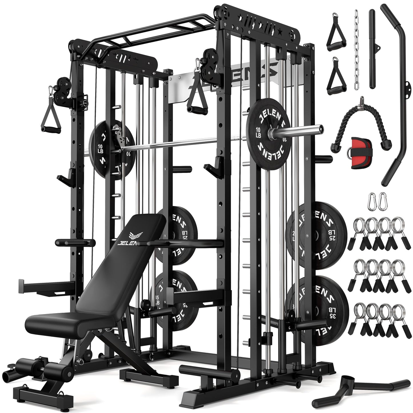 JELENS Smith Machine for Home Gym, Multi-Function M12 Power Cage, Squat Rack with Smith Bar and More Attachment (Black, 140LB Black Weights Package)