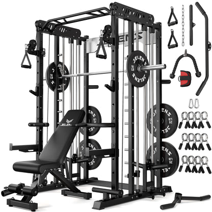 JELENS Smith Machine for Home Gym, Multi-Function M12 Power Cage, Squat Rack with Smith Bar and More Attachment (Black, 140LB Black Weights Package)