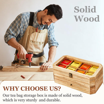 YIYYZI Tea Bag Organizer, Solid Wood 2 Layer Tea Box Organizer Storage, Christmas Gift Tea Bag Holder with Drawer Acrylic Window, Tea Organizer Caddy