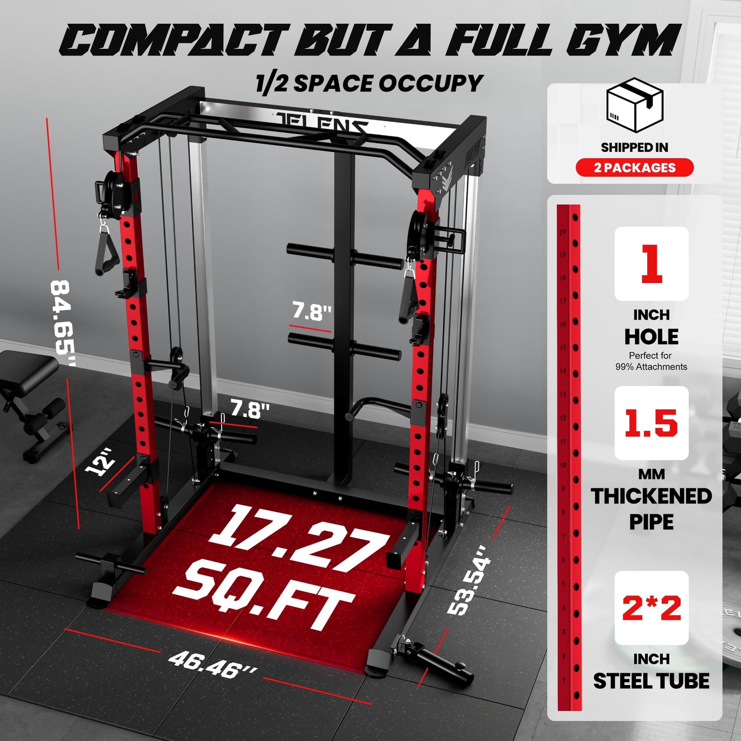 JELENS C21 Power Cage, 2000LBS Multi-Function Power Rack with Independent Dual Pulley System, All-in-One Squat Rack for Cable Crossover, Home Gym Workout Machine (Red, 260LBS Black)
