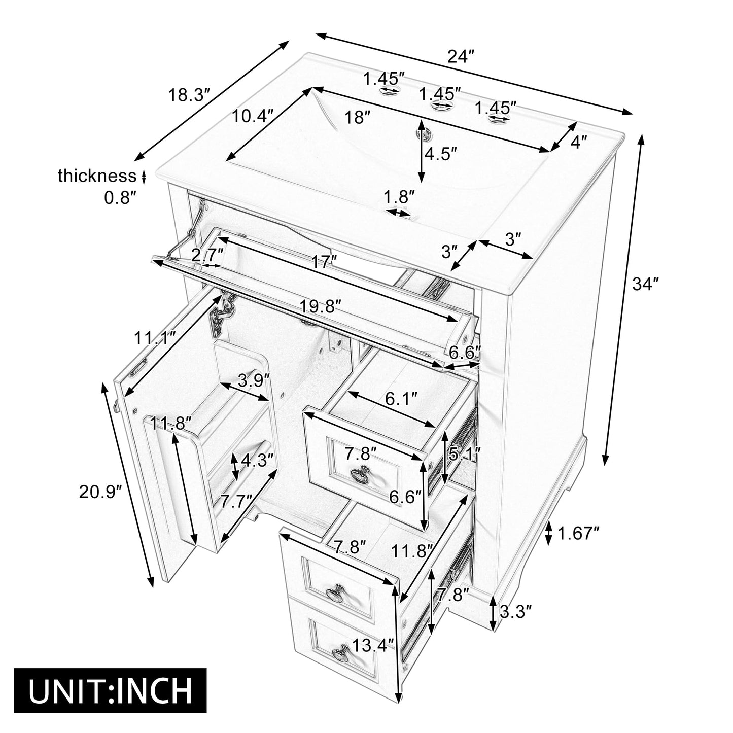 Bathroom Vanity with Sink 24 Inch, Tip-Out Drawer and Door Rack, Adjustable Shelf, Soft-Closing Drawers and Door, White