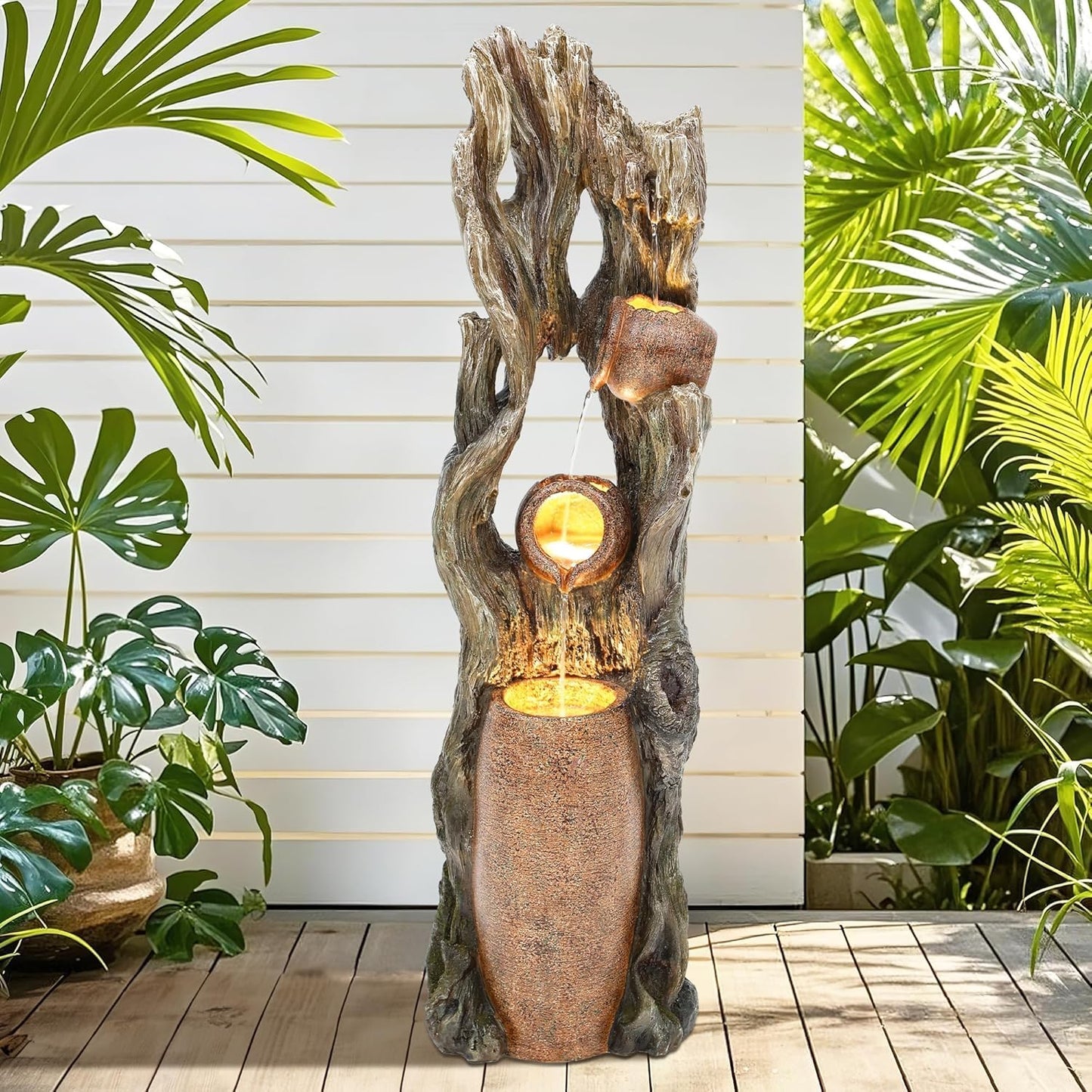 42.7in Tall Outdoor Water Fountain with LED Lights, 3-Tier Rainforest Waterfall Tree Trunk & Jar Design, Perfect for Serene Relaxing Patio, Yard and Porch Decor