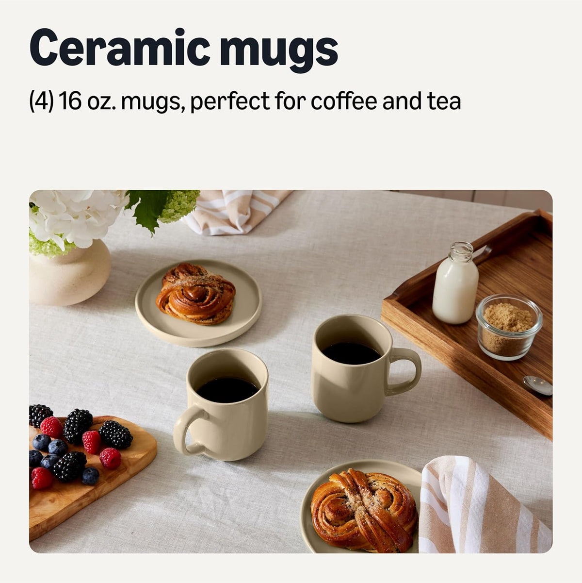 4-Piece Set, 16 oz, Amazon Basics Ceramic Coffee Mugs, Ceramic Microwave and Dishwasher-Safe, Linen Gray