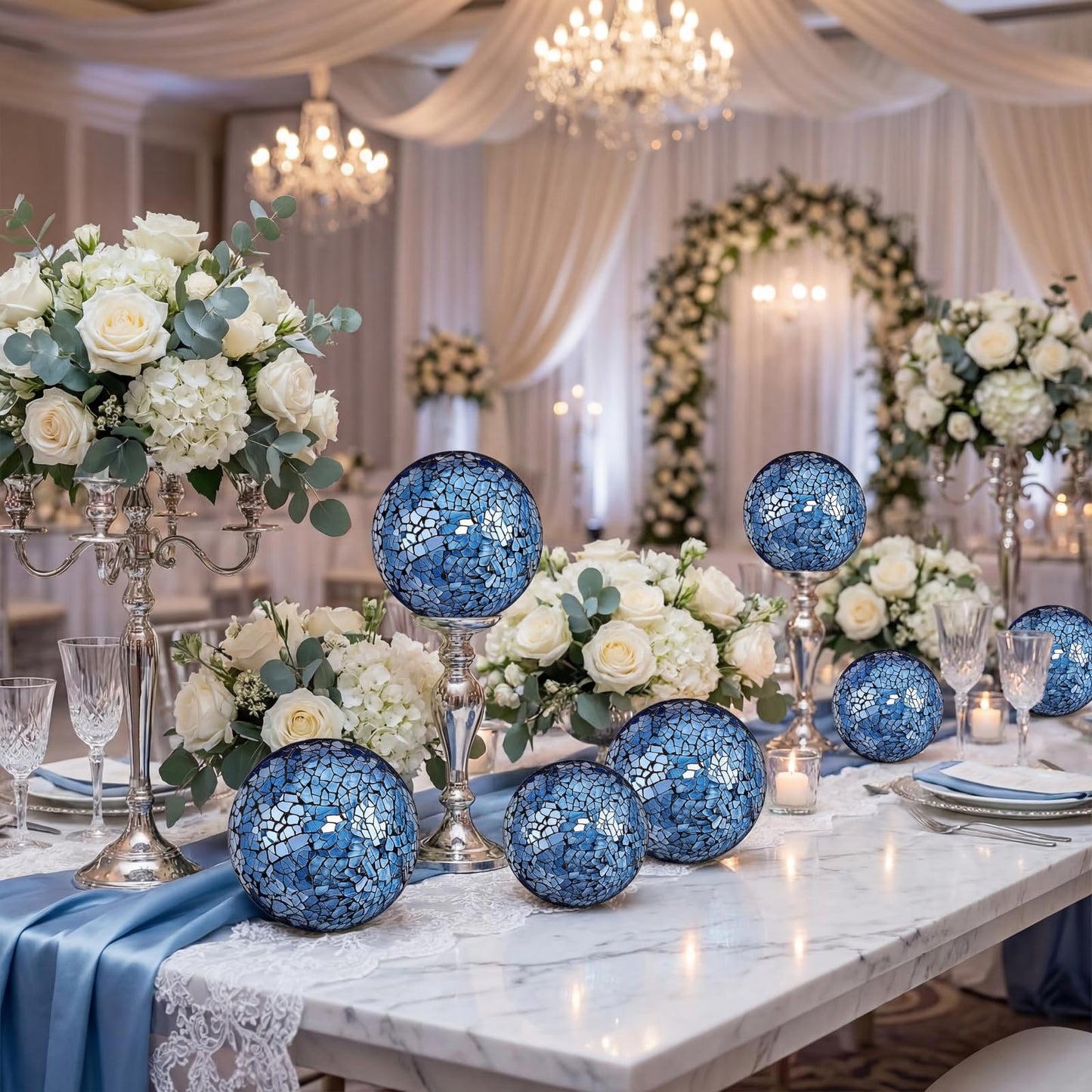 Qinyoung Blue 8 Pcs Decorative Ball for Bowls, 3'' 4'' Glass Mosaic Sphere Decorative Orbs for Centerpiece Bowls Vase Fillers, Wedding, Party, Coffee Table & Home Decor