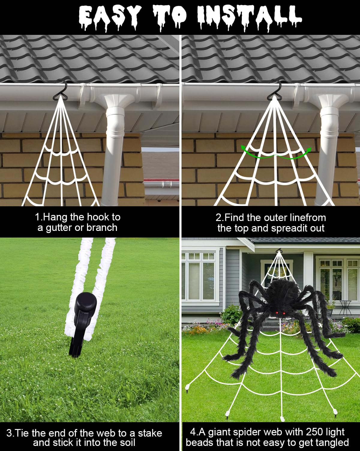 3D HD Dynamic Giant Spider Halloween Projector+Brighter Spider Webs Lights Set,250 Purple LED Light Up,8 Modes 16.4Ft Giant Spiderweb with Remote Control,with 48'' Giant Spider