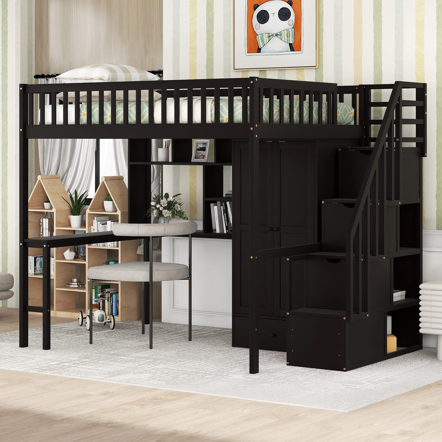 Full Size Loft Beds Stairway Loft Bed Frame with Wardrobe, Desk, Bookcase and Drawers, Espresso