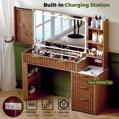 GRUTEUNIT 51" Vanity Desk with Power Outlet, Makeup Vanity with Mirror and Lights, 3 Lighting Modes, Vanity Table with Glass Top, 5 Drawers, and Jewelry Storage,Brown