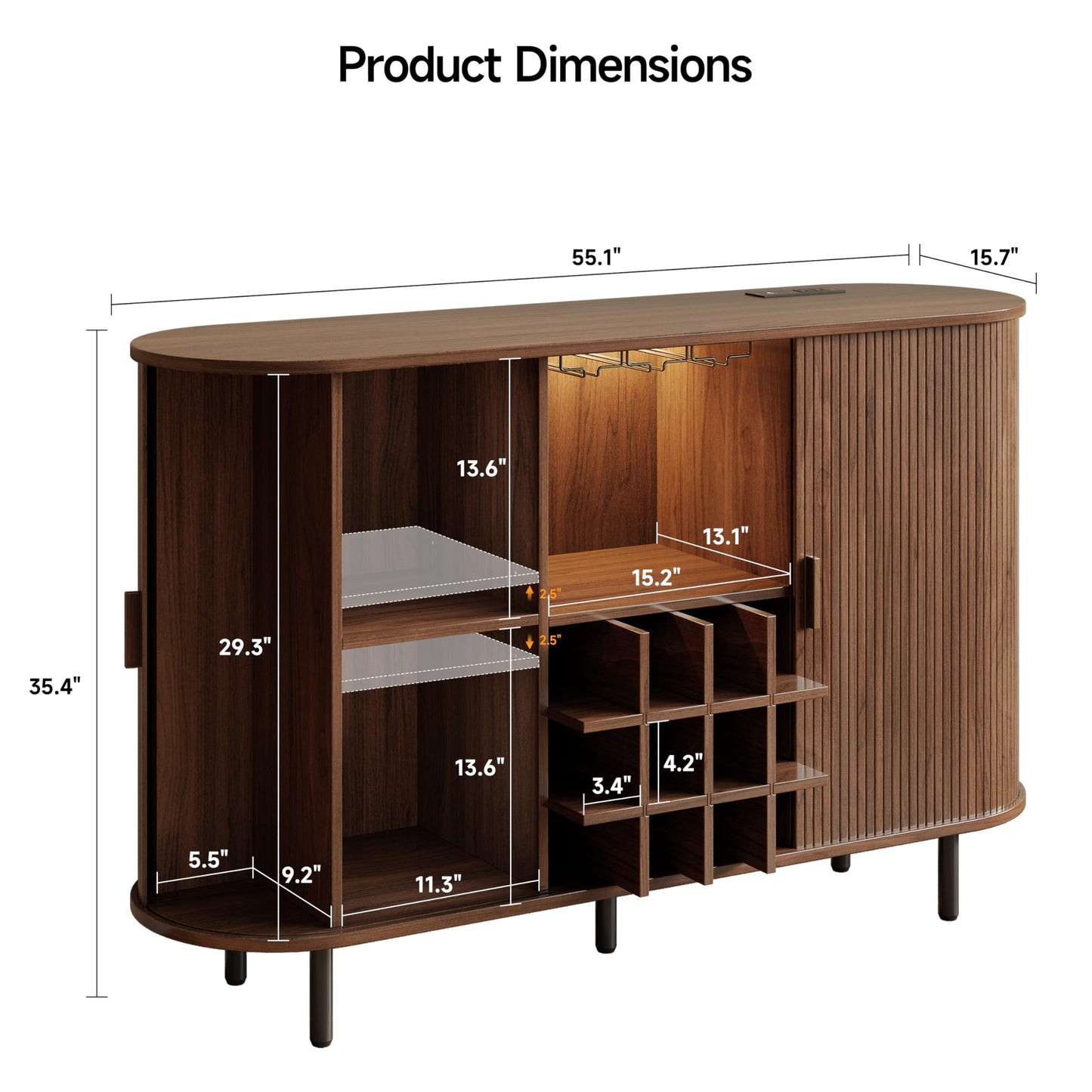 55" Wine Cabinet, Fluted Coffee Bar Cabinet with LED Light, Modern Liquor Coffee Station with Power Outlet, Wine Rack & Glass Holder, Sliding Door Buffet Sideboard Table for Kitchen, Entryway, Walnut