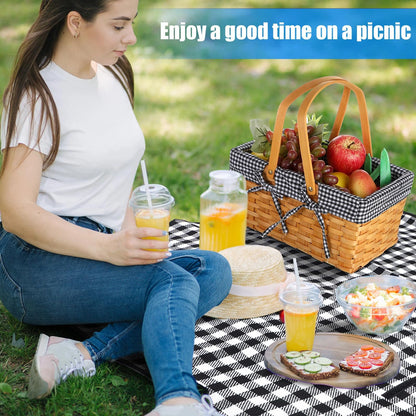 Patelai Wicker Picnic Basket Natural Hand Woven Basket with Double Folding Handles, Willow Hamper Baskets with Blanket for Outdoor Picnic Summer Spring Camp Family(Black and White Grid)