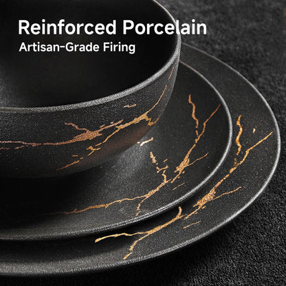 KINGSTONE Porcelain Dinnerware Sets for 8 | 24 Piece Plates and Bowls Sets Kitchen Dishes Scratch Resistant Matte Black Gold Vein Dinner Salad Plate Dishware for Party Daily Wedding