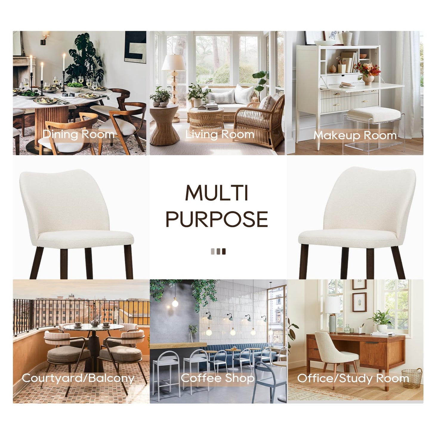COLAMY Dining Chairs Set of 6, Upholstered Fabric Kitchen Chairs with Curved Back, Padded Seat and Solid Wood Legs, Modern Dining Chair for Kitchen Dining Room, Beige