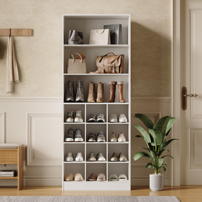 LITTLE TREE Tall Shoe Cabinet, Free Standing 24-Pair Organizer, 7-Tier Shelf + Side Hooks, Space-Saving Storage for Entryway, Hallway, for Shoes, Boots & Accessories, (2, White)
