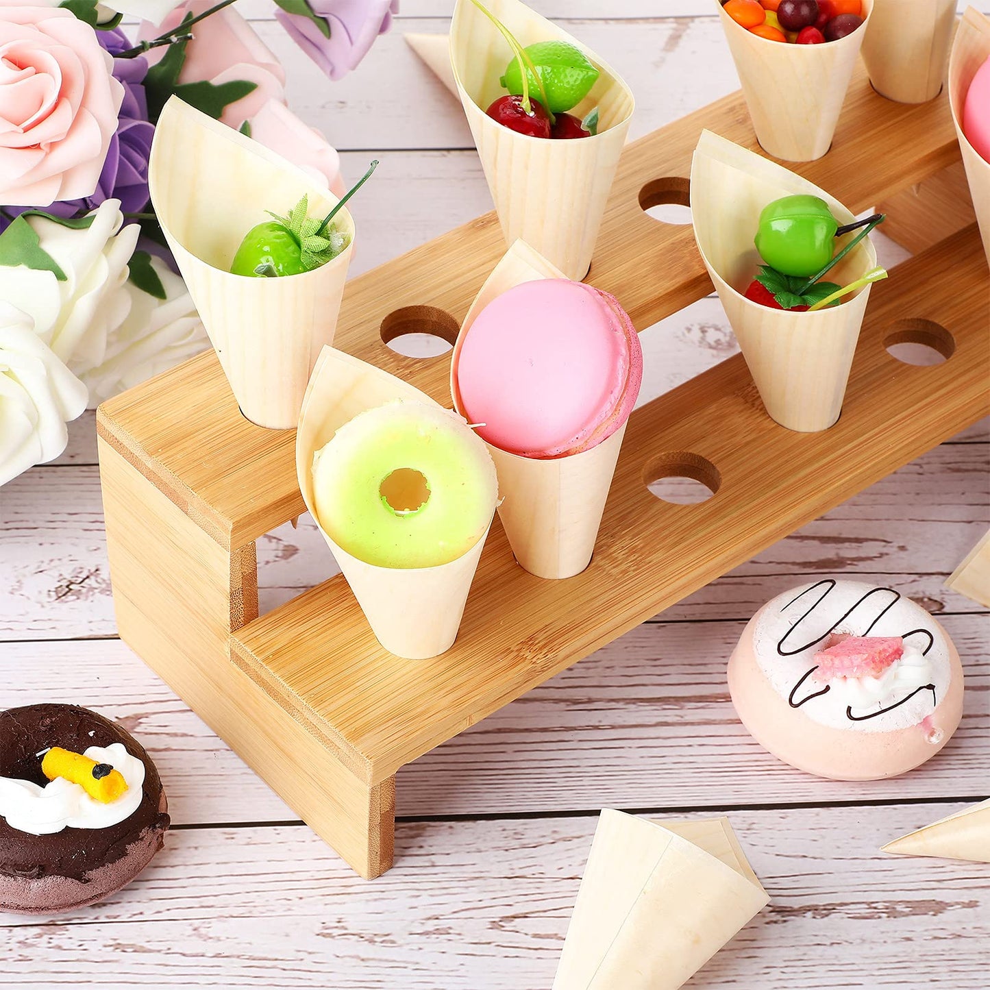 Queekay 100 Pcs Disposable Wooden Food Cones with 12 Holes Food Cone Display Stand Cone Holder for Charcuterie, Ice Cream, Catered Events, Party or Buffets(Straight,Bamboo)