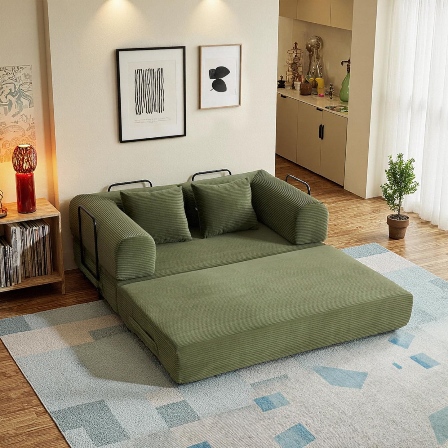 THOLASIS 59in Convertible Sofa Bed, Corduroy Boneless Couch Bed, Futon Sleeper Sofa Pull Out Bed, Foldable Couch for Living Room Apartment, No Assembly Required
