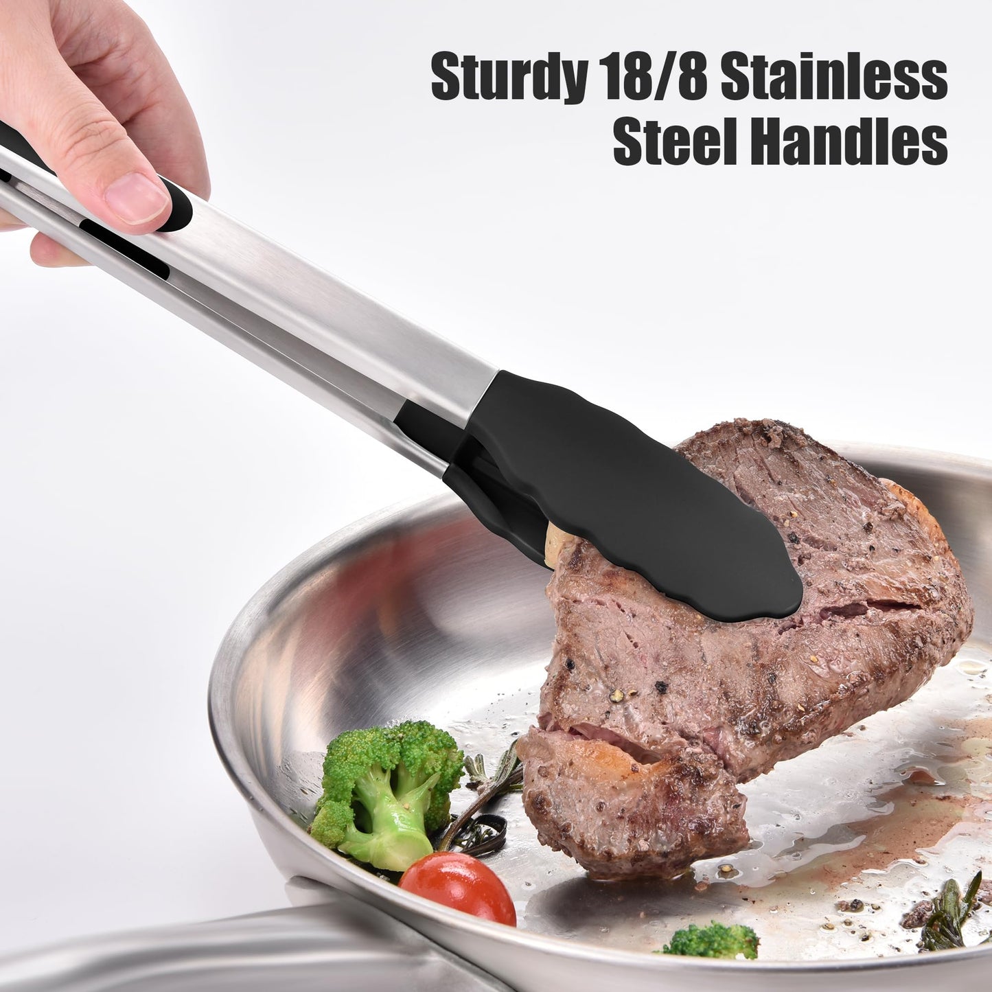 Doosu Kitchen Tongs for Cooking - 600°F Heat Resistant Food Tong Set with Non-Scratch Silicone Tips, Heavy Duty Stainless Steel Locking Tong for BBQ, Grilling Steak, Serving Salad (9+12in, Black)