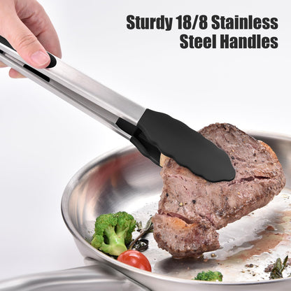 Doosu Kitchen Tongs for Cooking - 600°F Heat Resistant Food Tong Set with Non-Scratch Silicone Tips, Heavy Duty Stainless Steel Locking Tong for BBQ, Grilling Steak, Serving Salad (9+12in, Black)