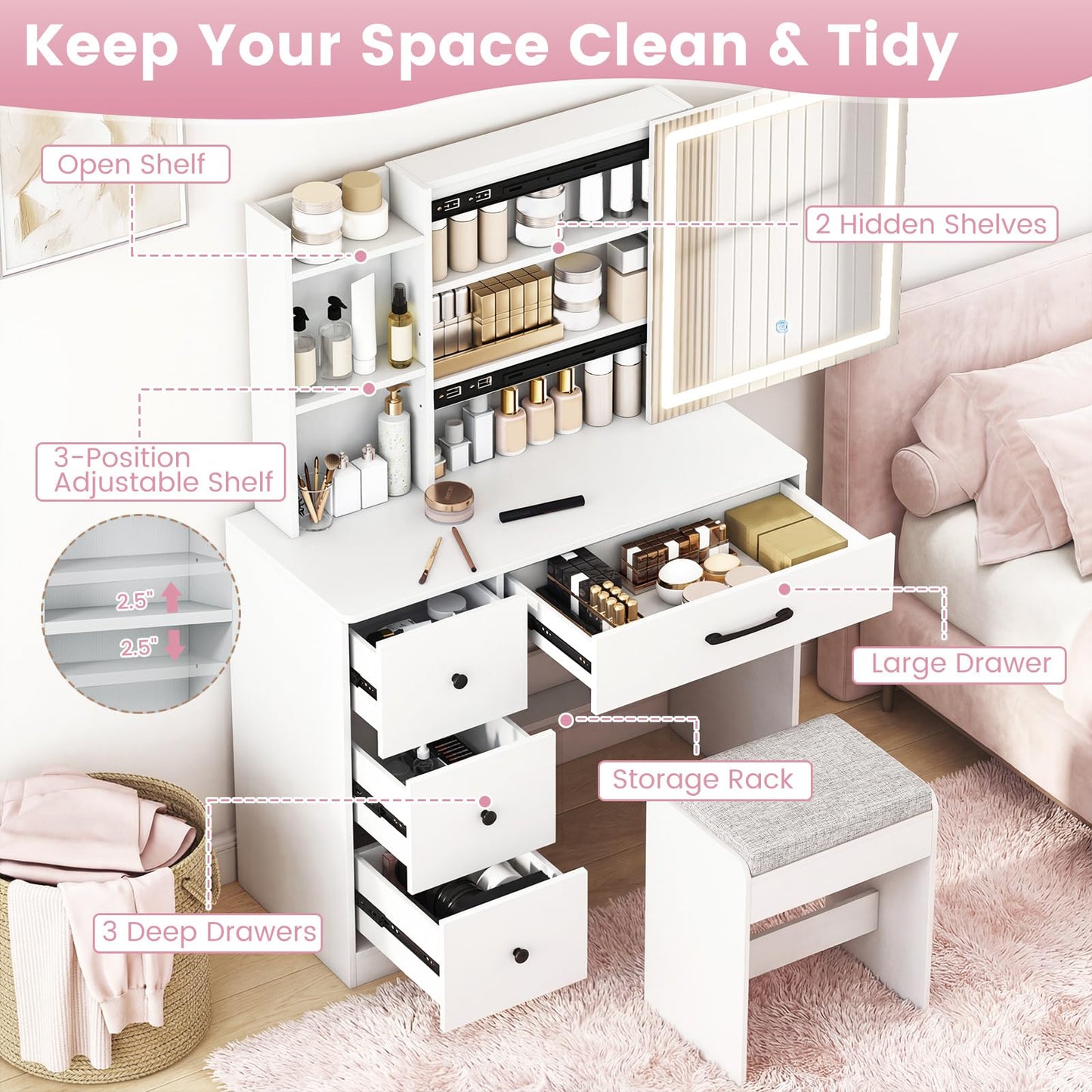 CHARMAID 38" Vanity Desk with Lighted Sliding Mirror, Adjustable LED Lighting, Hidden Storage, 4 Drawers & 3 Shelves, Cushioned Stool, Modern Makeup Vanity Dressing Table Set for Bedroom, White