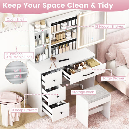 CHARMAID 38" Vanity Desk with Lighted Sliding Mirror, Adjustable LED Lighting, Hidden Storage, 4 Drawers & 3 Shelves, Cushioned Stool, Modern Makeup Vanity Dressing Table Set for Bedroom, White