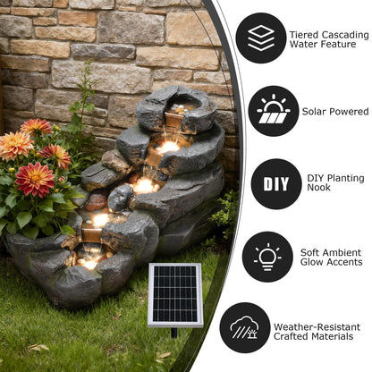 Pivotify 5-Tier Solar Water Fountain Outdoor, 38.2" L Rock Waterfall Fountains Solar Powered Floor Standing Outdoor Water Feature with LED Lights for Patio, Garden,Porch, Yard, Home Art Decor（Grey）