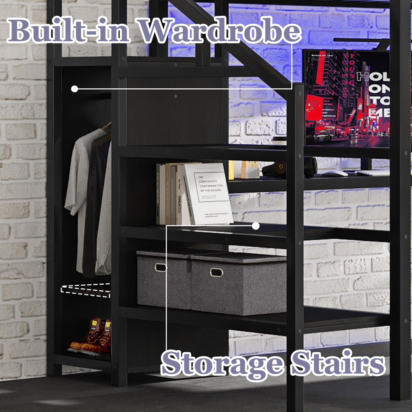 Bellemave Queen Loft Bed with Desk & Wardrobe, Heavy Duty Metal Loft Beds Frame with Storage Stairs, LED Loft Bed Queen Size with Charging Station & Safety Guardrails, No Box Spring Needed, Black