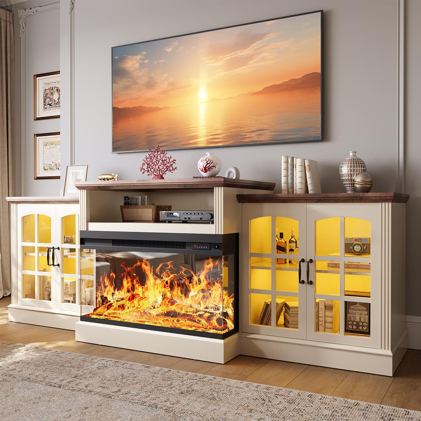 OneBlis 97" Fireplace TV Stand with 36" Electric Fireplace, Farmhouse Entertainment Center for TVs up to 100", Media Console Table with Large Storage Cabinets, for Living Room, White