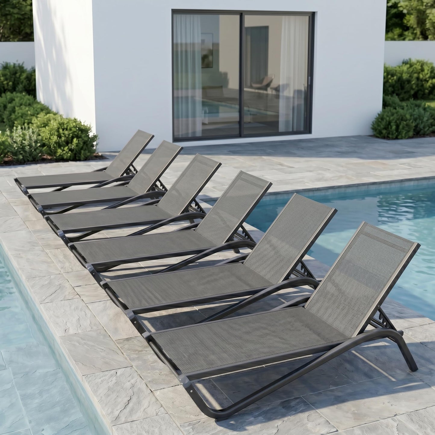 Patio Kingdom Patio Chaise Lounge Chairs Set of 6, All-Weather Aluminum Pool Loungers for Outside, 5-Position Adjustable Sunbathing Chairs for Tanning, Stackable for Backyard, Poolside, Grey