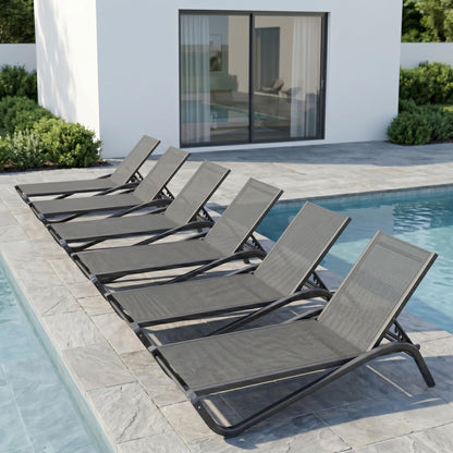 Patio Kingdom Patio Chaise Lounge Chairs Set of 6, All-Weather Aluminum Pool Loungers for Outside, 5-Position Adjustable Sunbathing Chairs for Tanning, Stackable for Backyard, Poolside, Grey