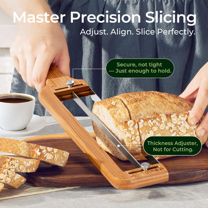 Keechee Adjustable Bread Slicer for Homemade Bread – Sourdough Bread Knife with Thickness Guide & Serrated Stainless Blade, Manual Bow Cutter for Bagels and Baguettes, Gift for Baker, Ambidextrous Use
