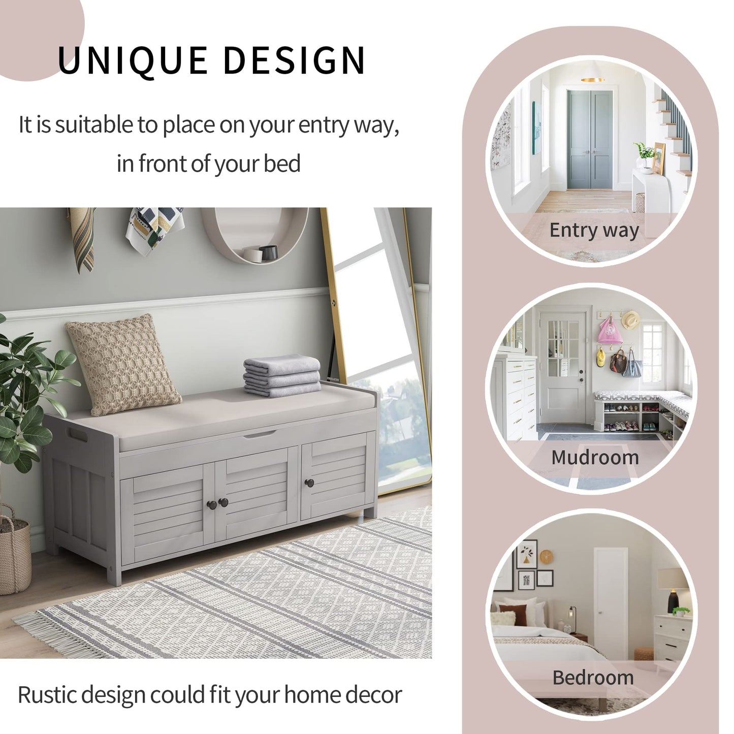 Bellemave Storage Bench with 3 Shutter-Shaped Doors and Flip-Open Storage Box, Shoe Rack for Entryway and Hallway,Shoe Bench with Adjustable Shelves Storage Space and Removable Seat Cushion, Gray Wash