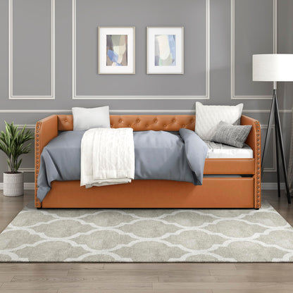 Lexicon Faux Leather Daybed with Trundle, Solid Wood Frame, Nailhead Trim, Wood Slat Support, Button Tufted Trundle Day Bed Sofa Bed for Bedroom/Guest Room, No Box Spring Needed, Twin, Matte Brown