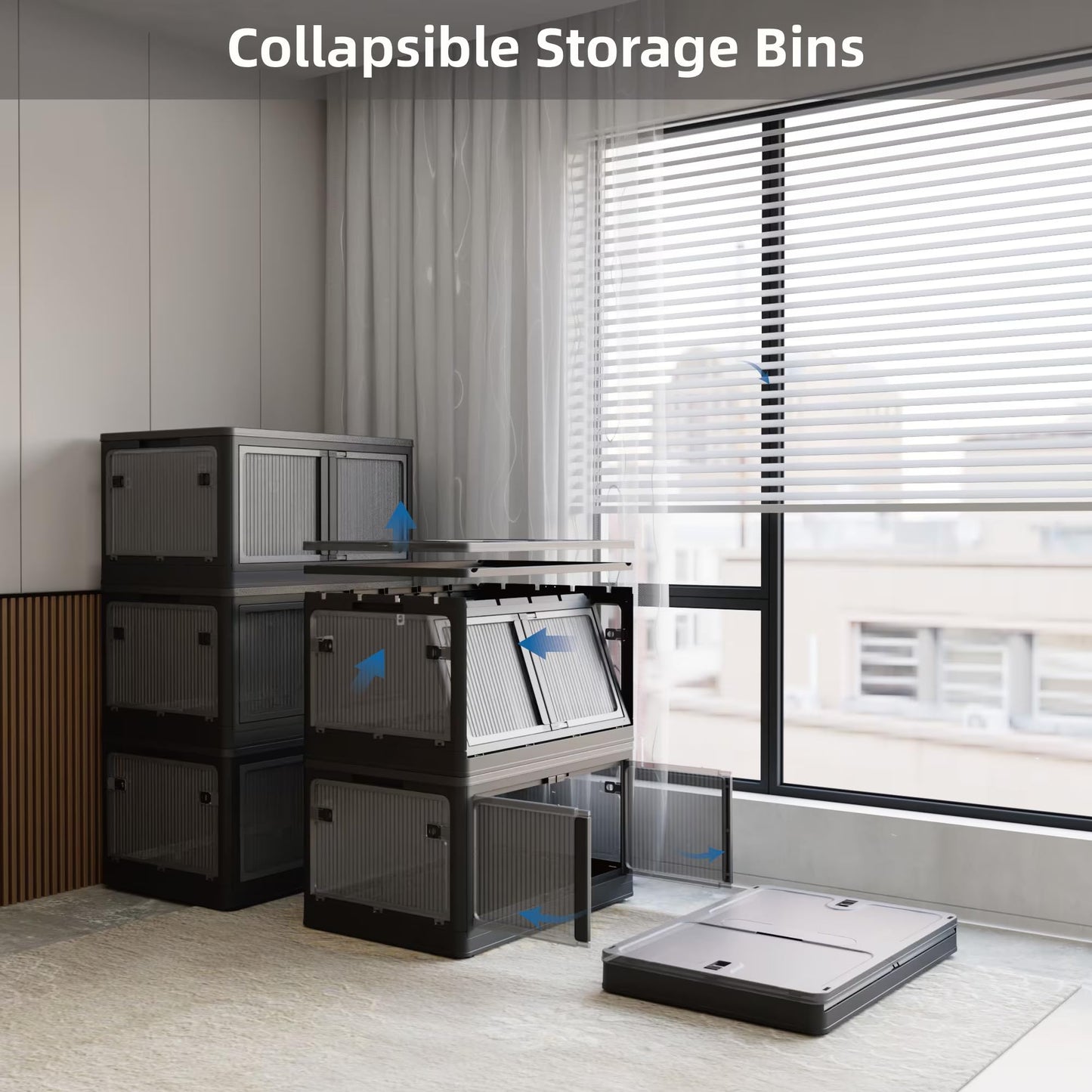 506QT 4-Pack Transparent Stackable Storage Bins with 5 Doors to Open with Wheels, Folding Plastic Craft Containers Large Closet Organizers Box for Bedrooms Living Rooms Study, Black