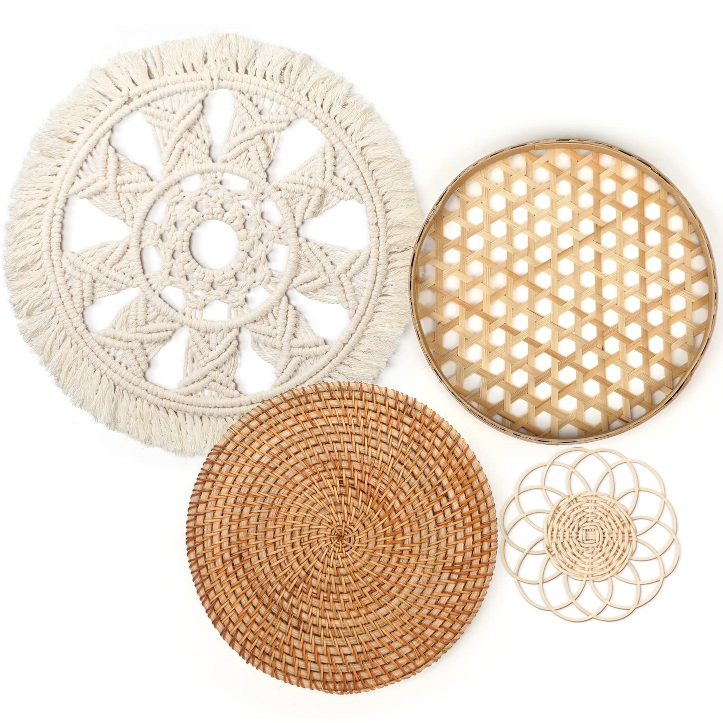 Tatuo Set of 4 Boho Wall Basket Decor Round Rattan Hollow Bamboo Baskets Flower Shape Flat Woven Wall Decor Hanging Basket Set Macrame Tassel Tapestry for Bedroom Living Room