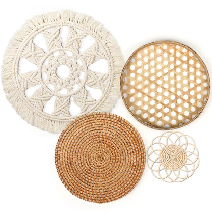 Tatuo Set of 4 Boho Wall Basket Decor Round Rattan Hollow Bamboo Baskets Flower Shape Flat Woven Wall Decor Hanging Basket Set Macrame Tassel Tapestry for Bedroom Living Room