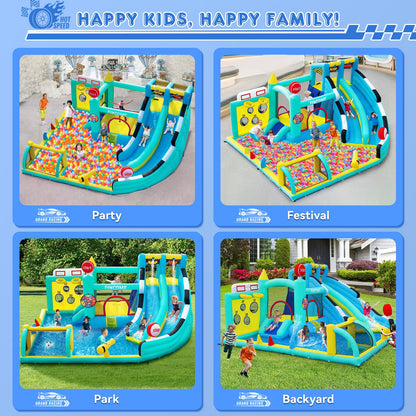 FINCOME Bounce House Double Slides for Kids 3-10, Large Bounce Castle with Air Blower 550W, Pool, Jumping, Climbing, Balls, Ring Toss, Inflatable Water Park for Birthday Party Holiday Outdoor Indoor