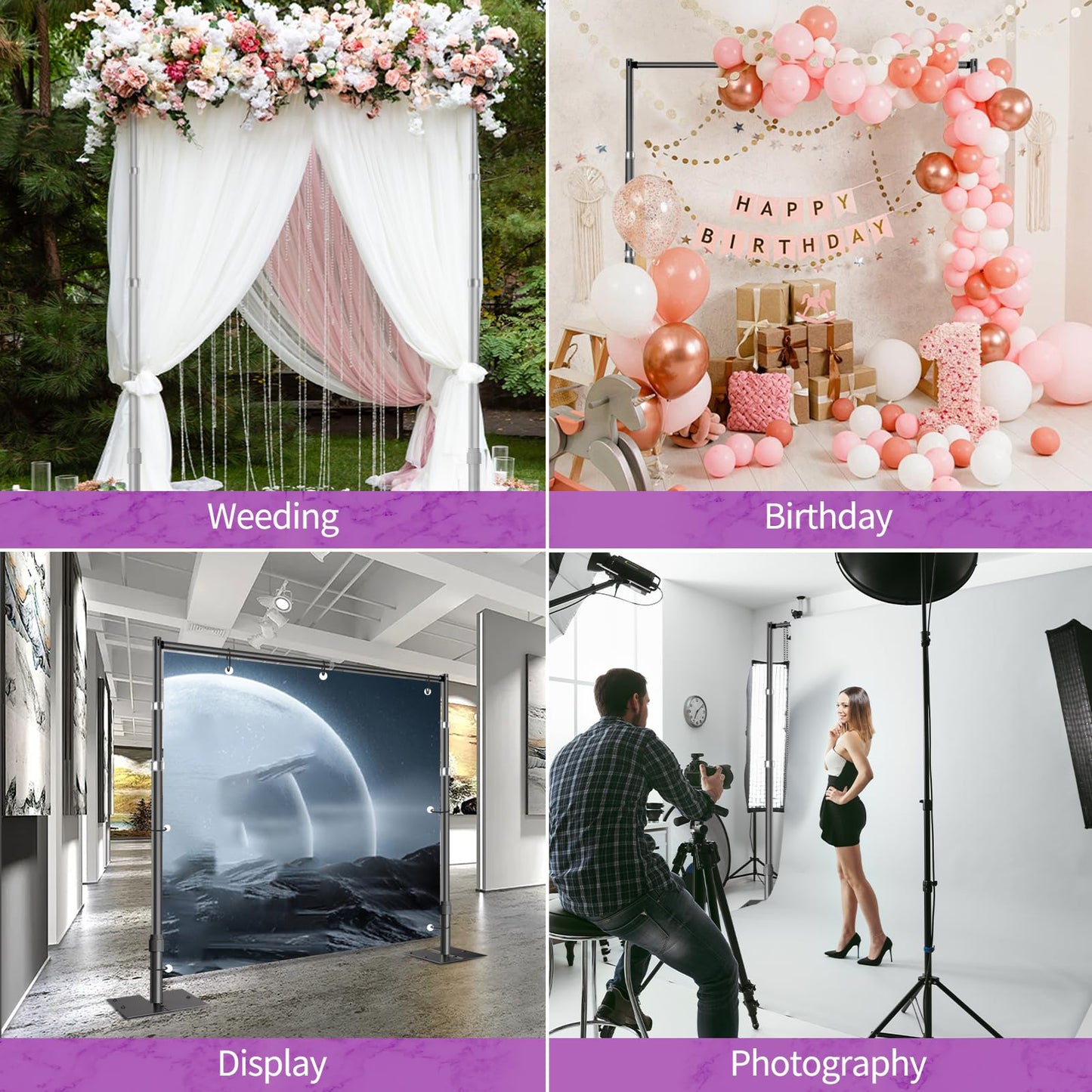 12x10 Pipe and Drape Stand Kit, Heavy Duty Backdrop Stand Adjustable, Sturdy Metal Back Drop Decoration Frame with Flat Base for Parties, Flower Wall, Wedding, Event,Trade Shows, Photo Shoot- Black