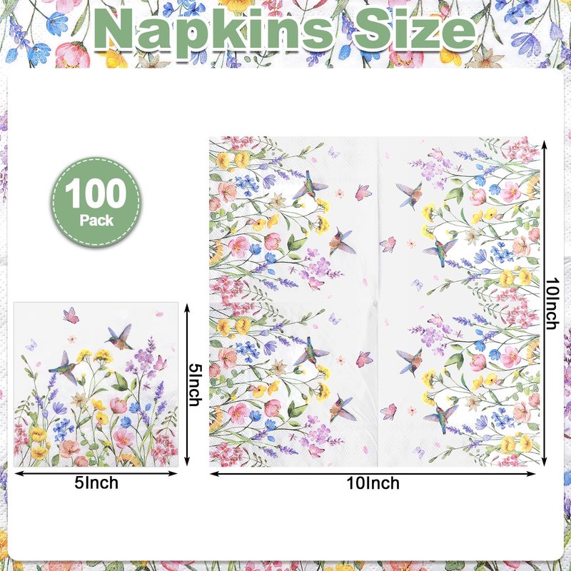 NatNarr 100 Pcs Wildflower Napkins, 2-Ply Floral Cocktail Napkins Spring Decoupage Napkin Butterfly Hummingbird Flower Dessert Beverage Napkin for Mothers Day, Baby Shower, Tea Party