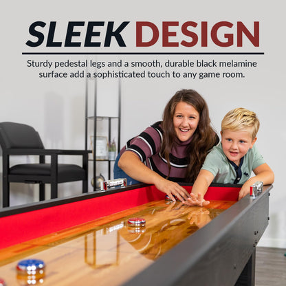 Hathaway Avenger 9 Ft Shuffleboard Table for Family Game Room – Poly-Coated Playfield, Built-in Scorer & Cabinet, Carpeted Gutters, 8 Pucks, Brush & Wax – Black Finish