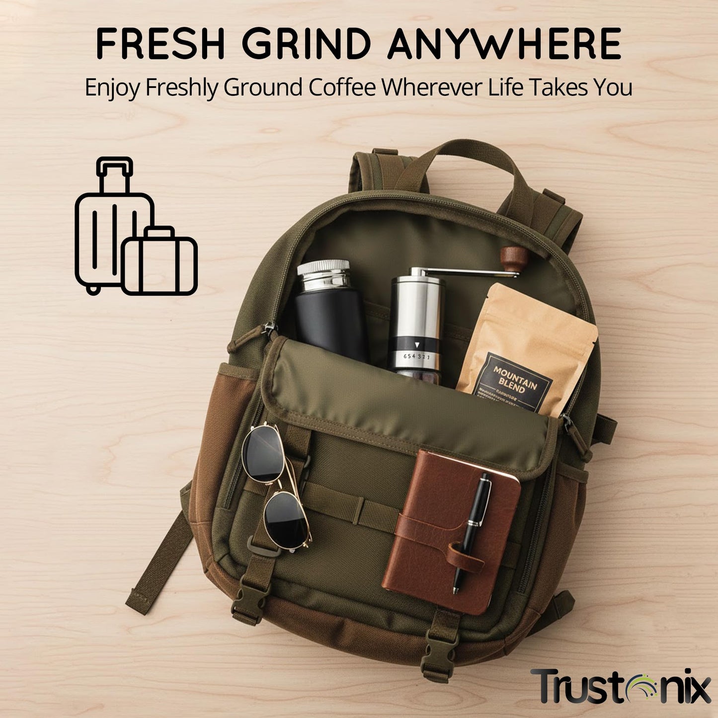 Trustonix - Portable Hand Coffee Grinder | Portable Coffee Grinder for Travel | Cocoa Beans Grinder | Portable & Compact Design | Smooth Grinding | Easy To Use | Higher Efficiency | Powerful & Stable