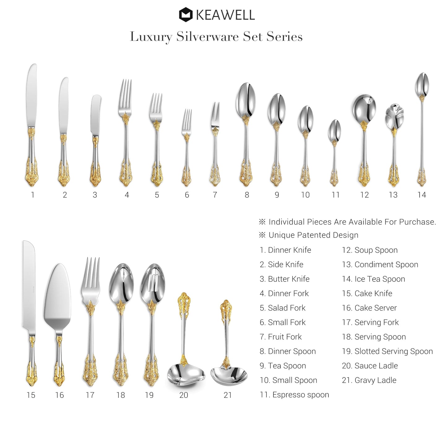 KEAWELL Luxury 20 Pieces 18/10 Stainless Steel Flatware set, Service for 4, silver plated with gold accents, Fine Silverware set and Dishwasher Safe (Gold Accent)