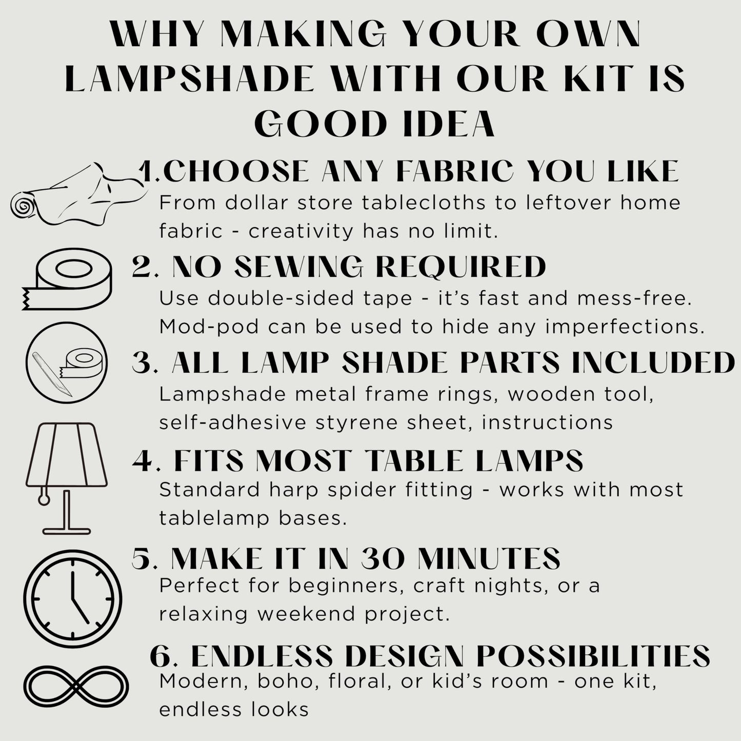 DIY Lampshade Kit 8"x12" White – DIY Lamps Shade Making Kit with All Materials - Self-Adhesive Lampshade Backing, Metal Rings, Double Sided Tape and Instructions, No Fabric Included – Adult Craft Kit