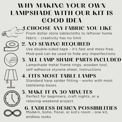 DIY Lampshade Kit 8"x12" White – DIY Lamps Shade Making Kit with All Materials - Self-Adhesive Lampshade Backing, Metal Rings, Double Sided Tape and Instructions, No Fabric Included – Adult Craft Kit