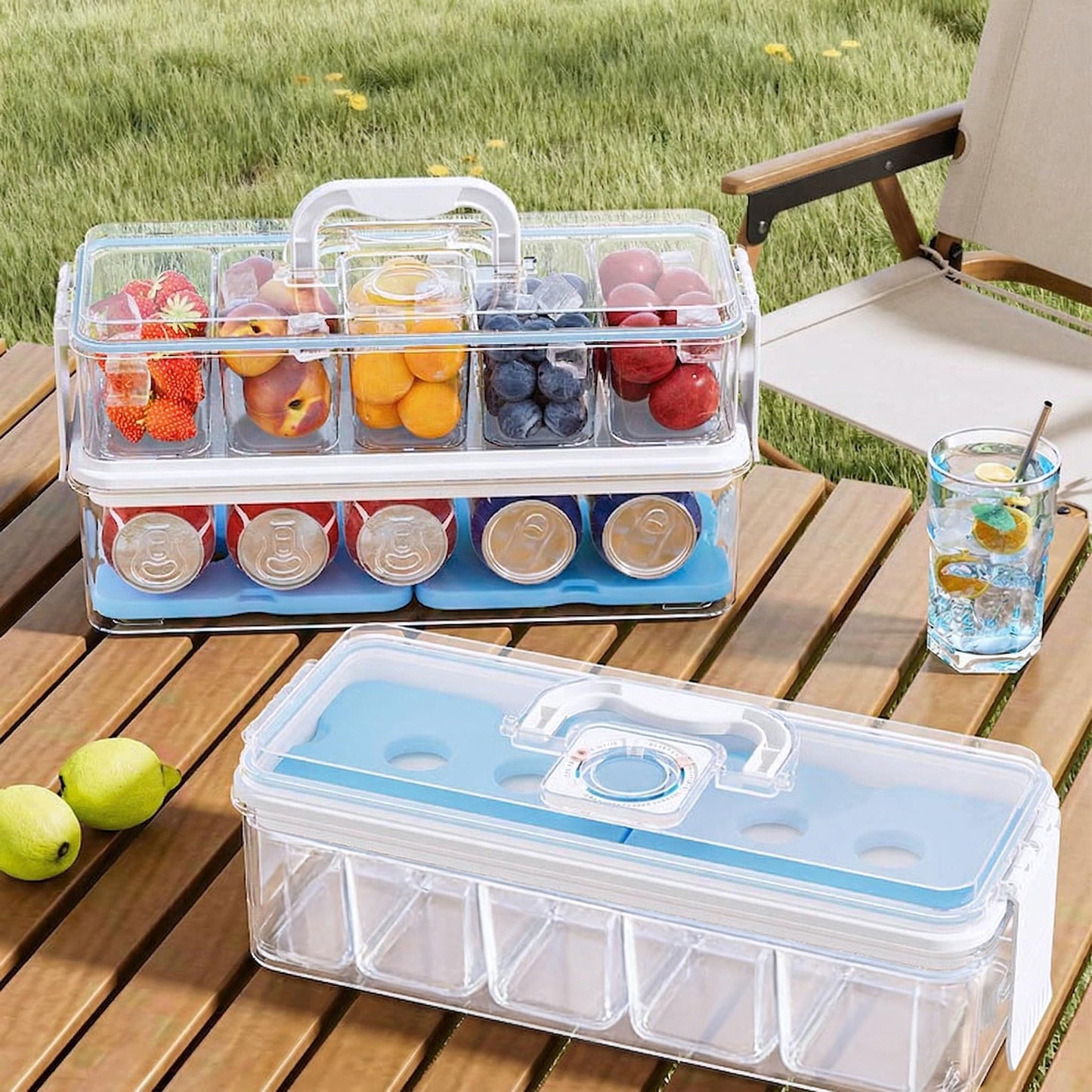 Double-Layer Chilled Portable Snackle Box with 5 Removable Compartments, 4 Ice Packs & Insulated Bag, Keeps Food Chilled or Warm, Extra Layer for Drinks, Fruits & Candy, Dishwasher-Safe for Road Trips