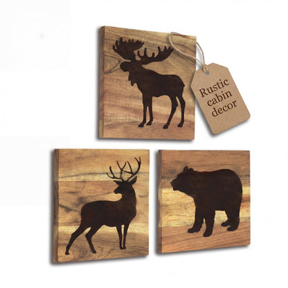 HomeRustique Real Wooden Cabin Decor with Bear, Deer and Moose (Set of 3) - Woodland Rustic Cabin Wall Decor & Art for Home, Living Room, Hunting Theme, Mountain Lodge or Bathroom