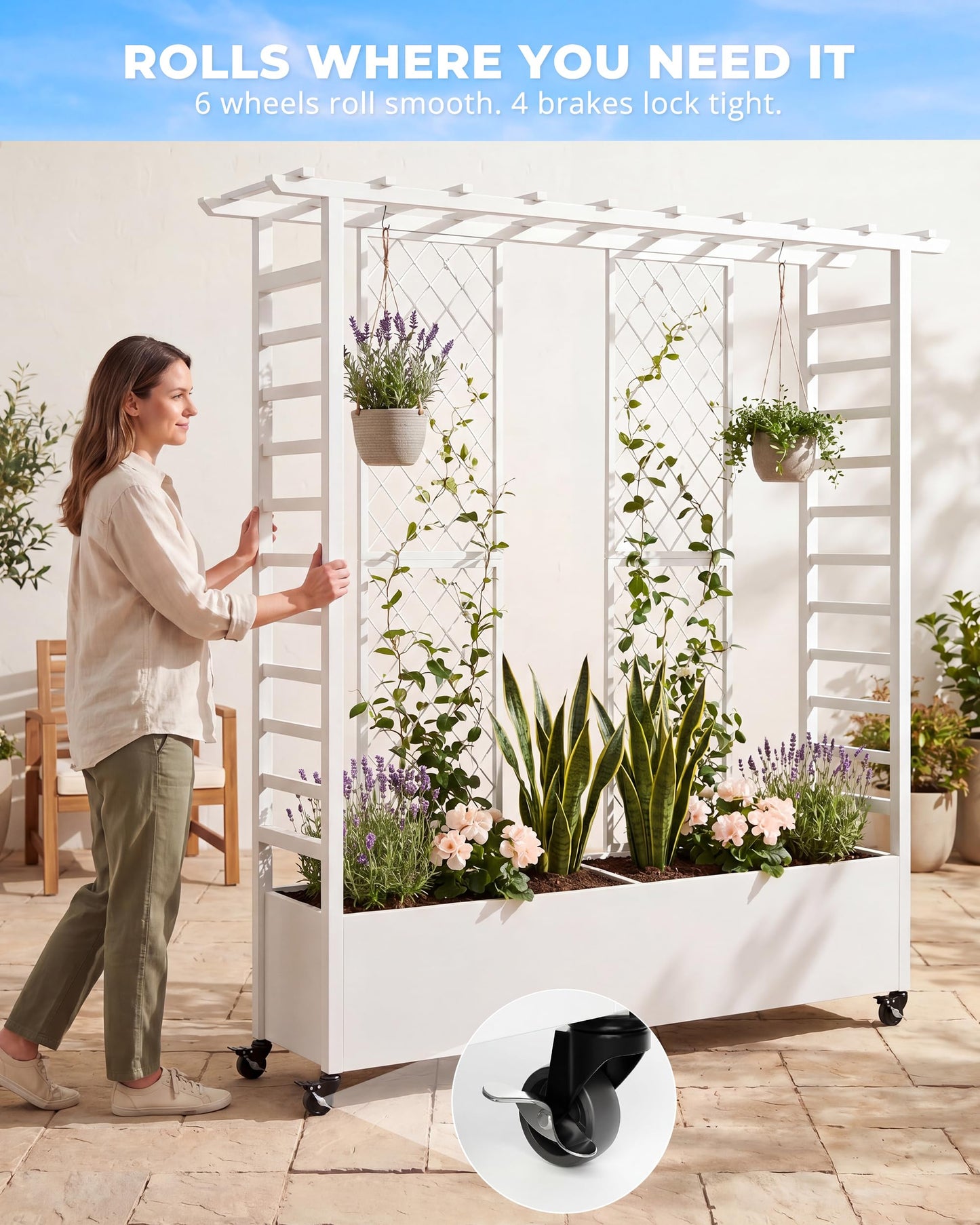 TinFrey Metal Raised Garden Bed with Trellis, 77" Double Planter Box with Pergola Top & Diamond Lattice, 6 Wheels (4 Lockable), Outdoor Trellis Planter for Climbing Plants Vines Flowers, White