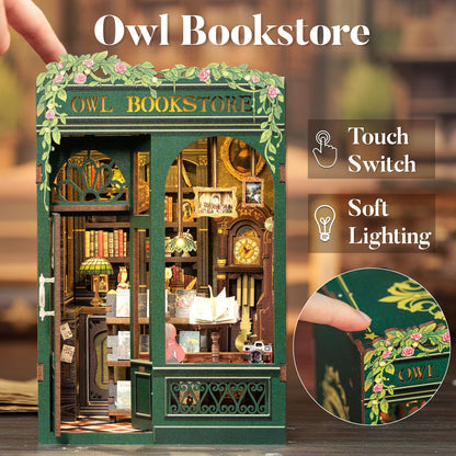 CUTEBEE Book Nook Kit - DIY Miniature House Kit for Adults, Teens and Beginners, Dollhouse Booknook Library Tiny House Bookshelf Decor 3D Wooden Puzzle, Gifts for Family, Friends (Owl Bookstore)